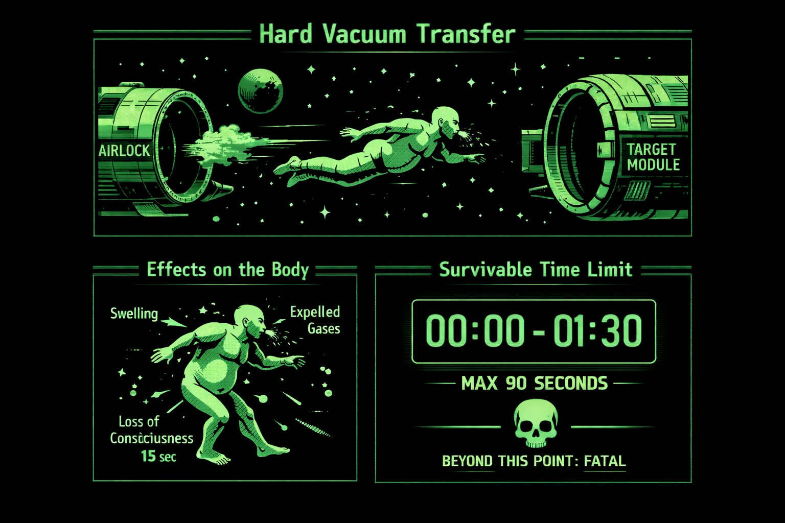 Hard Vacuum Transfer infographic: transfer
                     between airlock and target module, body effects,
                     survivable time limits.